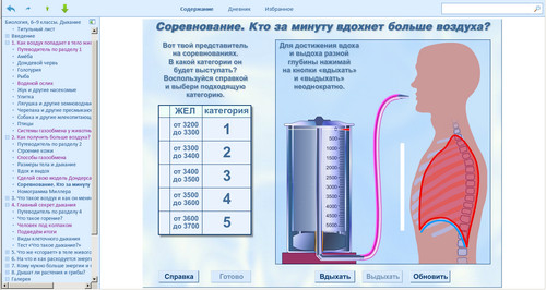 ОК 1С: Школа. Биология, 6–9 классы. Дыхание, экран 3 Экран электронного учебного пособия 1С: Школа. Биология, 6–9 классы. Дыхание