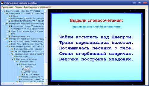 Экран электронного пособия по русскому языку для 7, 8, 9 классов к учебникам М.М.Разумовской