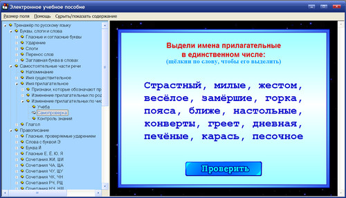 Экран интерактивного тренажёра для младших школьников по русскому языку Я пишу грамотно!
