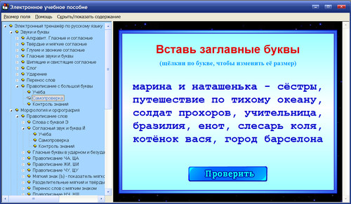 Экран интер­активного пособия Электронный тренажёр по русскому языку